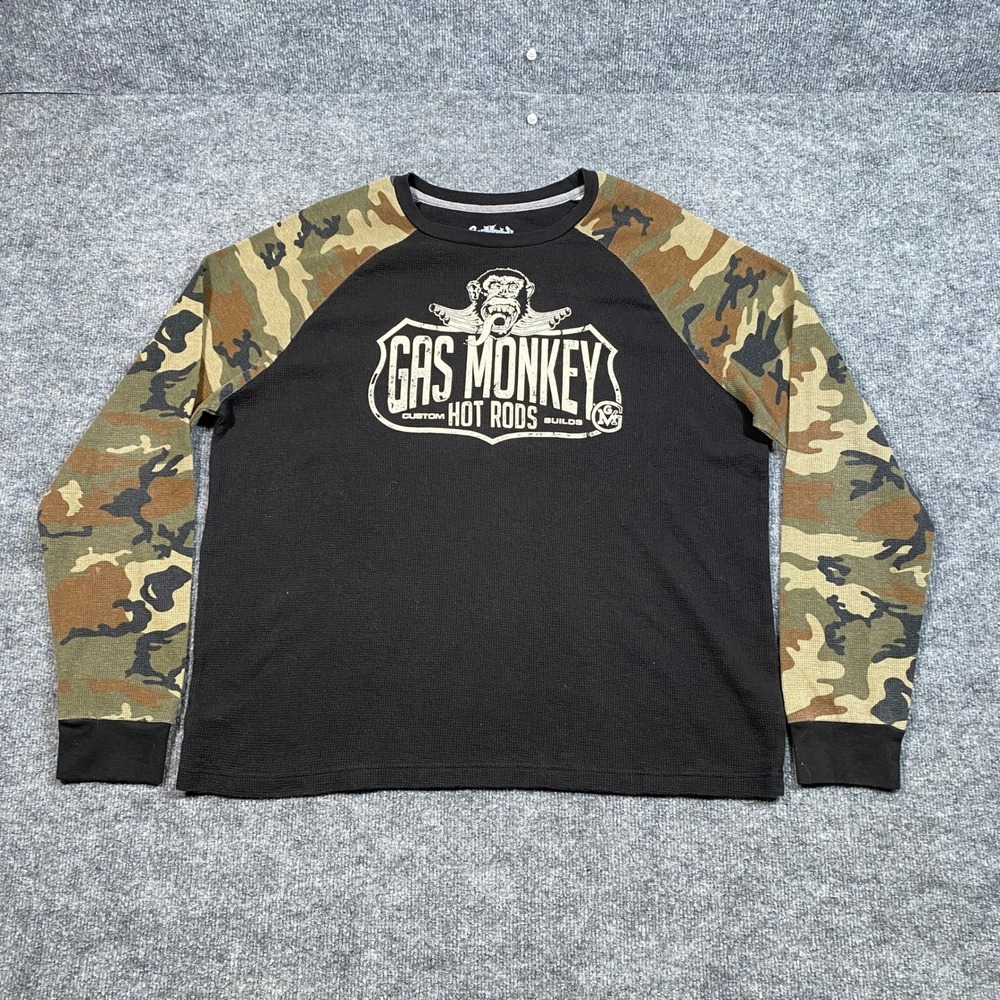 Gas Monkey Garage Mens XL Thermal Shirt Black Camo Raglan Hot Rod Graphic Tee